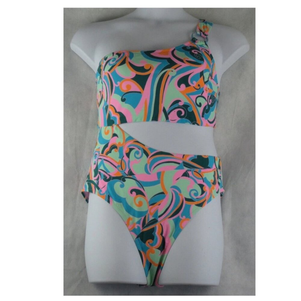 NWT Jessica Simpson Women's Cut-Out One-Shoulder One-Piece Swimsuit, Multi, XL